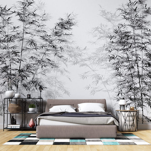Tapet Zen Oriental cu bambusi negri inalti - BLACK INK BAMBOO