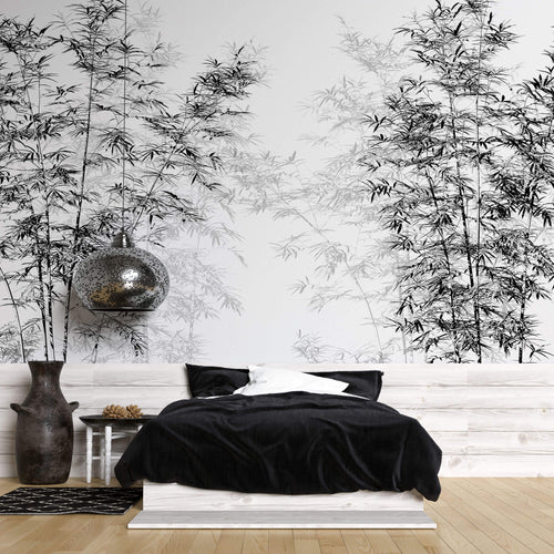 Tapet Zen Oriental cu bambusi negri inalti - BLACK INK BAMBOO