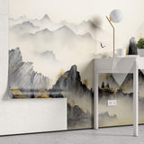 Tapet Zen Oriental cu munti acoperiti de vegetatie tomnatica - MISTY MOUNTAIN SERENITY