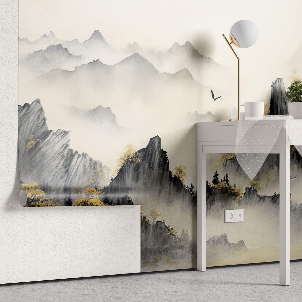 Tapet Zen Oriental cu munti acoperiti de vegetatie tomnatica - MISTY MOUNTAIN SERENITY