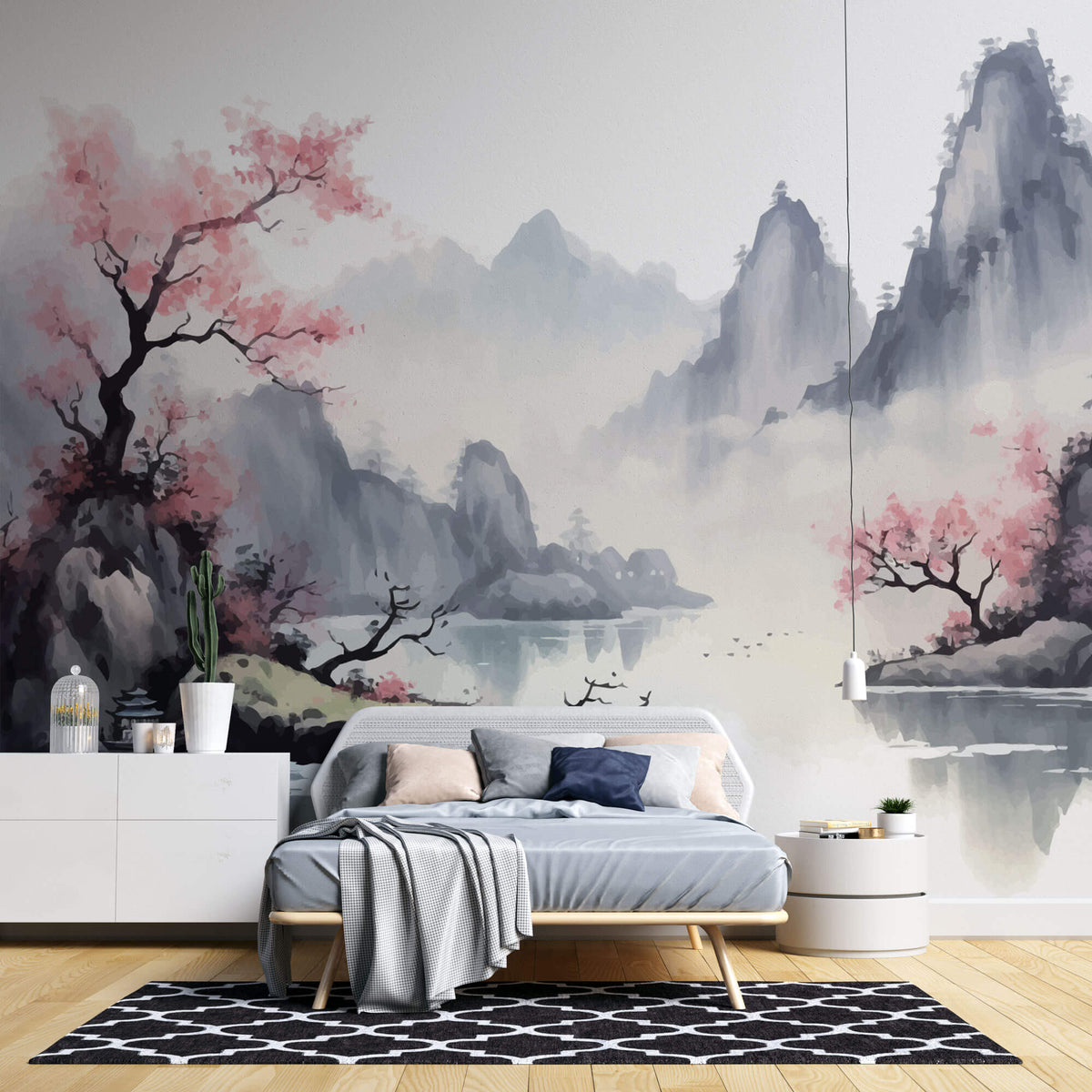 Tapet Zen Oriental cu munti inalti si ciresi infloriti cu aspect neclar - MOUNTAIN CHERRY TREES