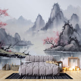 Tapet Zen Oriental cu munti inalti si ciresi infloriti cu aspect neclar - MOUNTAIN CHERRY TREES
