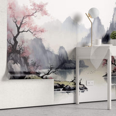 Tapet Zen Oriental cu munti inalti si ciresi infloriti cu aspect neclar - MOUNTAIN CHERRY TREES