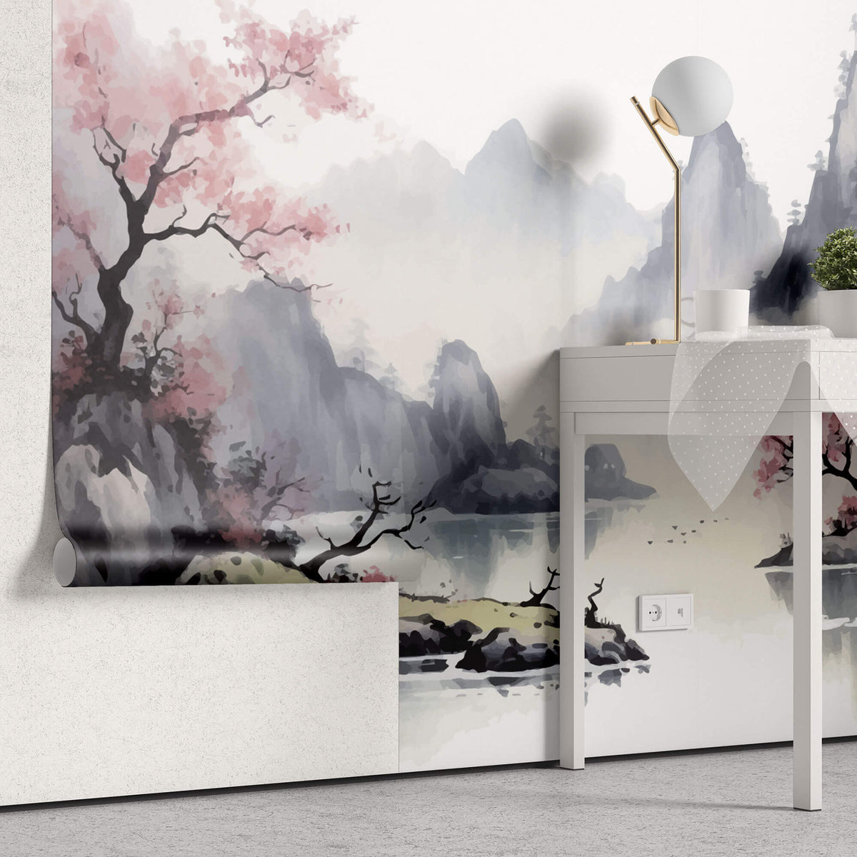 Tapet Zen Oriental cu munti inalti si ciresi infloriti cu aspect neclar - MOUNTAIN CHERRY TREES
