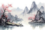 Tapet Zen Oriental cu munti inalti si ciresi infloriti cu aspect neclar - MOUNTAIN CHERRY TREES