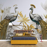 Tapet Zen Oriental cu pauni imperiali aurii - GOLDEN PEACOCKS