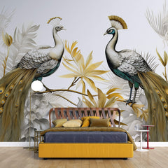 Tapet Zen Oriental cu pauni imperiali aurii - GOLDEN PEACOCKS