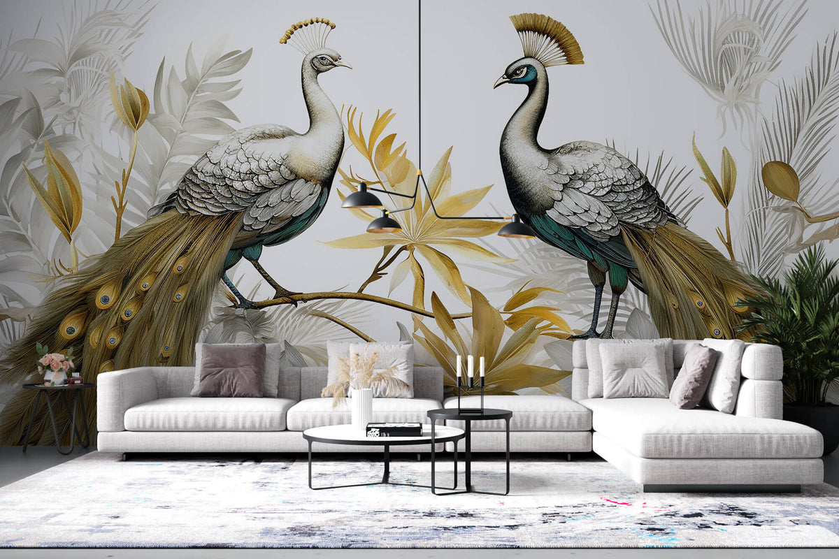Tapet Zen Oriental cu pauni imperiali aurii - GOLDEN PEACOCKS