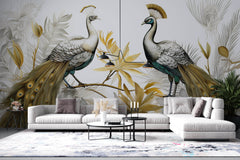 Tapet Zen Oriental cu pauni imperiali aurii - GOLDEN PEACOCKS