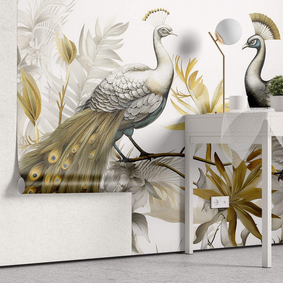 Tapet Zen Oriental cu pauni imperiali aurii - GOLDEN PEACOCKS