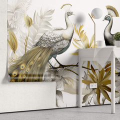 Tapet Zen Oriental cu pauni imperiali aurii - GOLDEN PEACOCKS