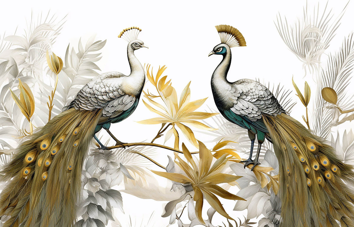 Tapet Zen Oriental cu pauni imperiali aurii - GOLDEN PEACOCKS