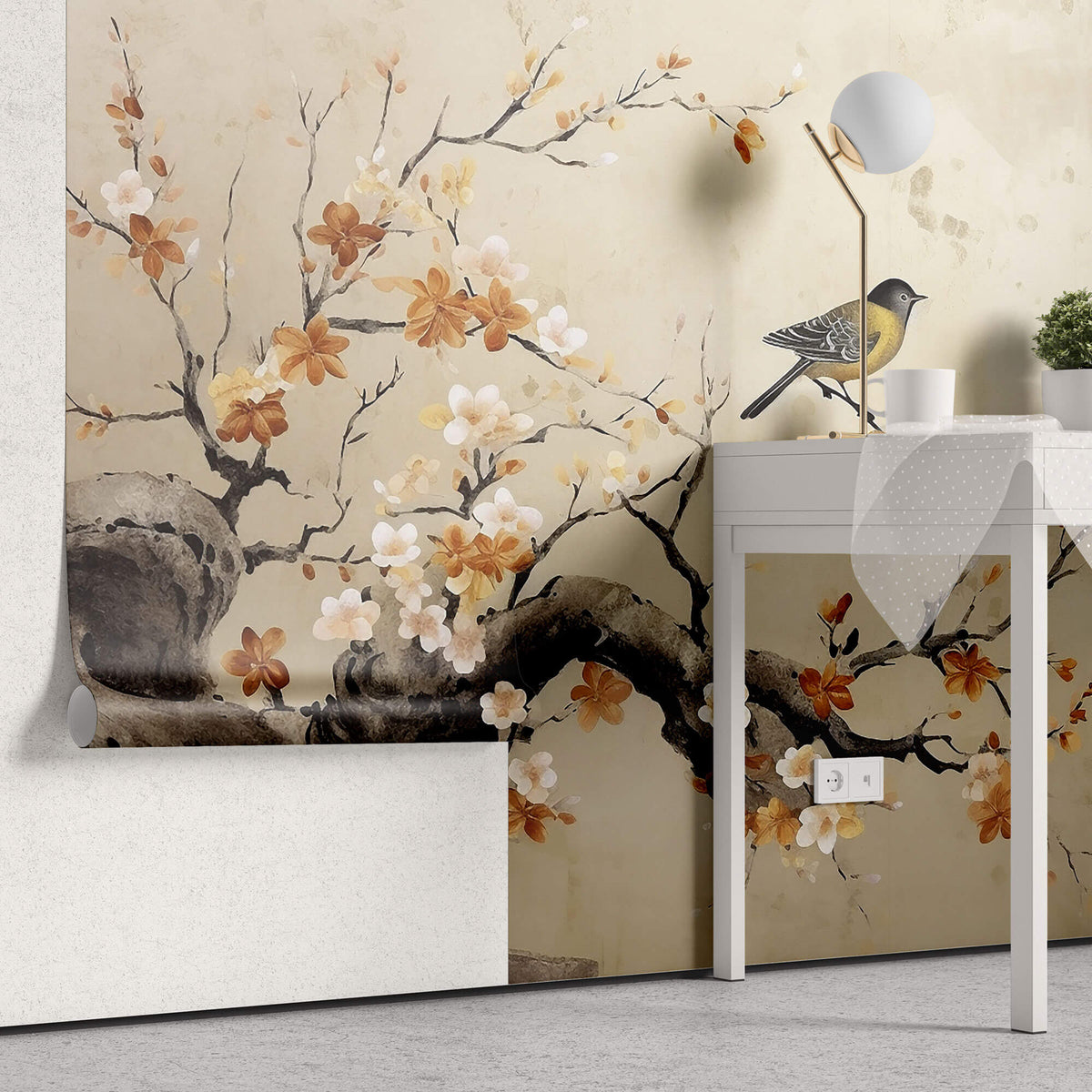 Tapet Zen Oriental cu copaci infloriti in nuante de portocaliu si pasari - FLORAL PERCH