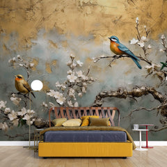 Tapet Zen Oriental cu cires alb inflorit si pasari - PLASTER GOLD CHINOISERIE