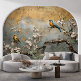 Tapet Zen Oriental cu cires alb inflorit si pasari - PLASTER GOLD CHINOISERIE