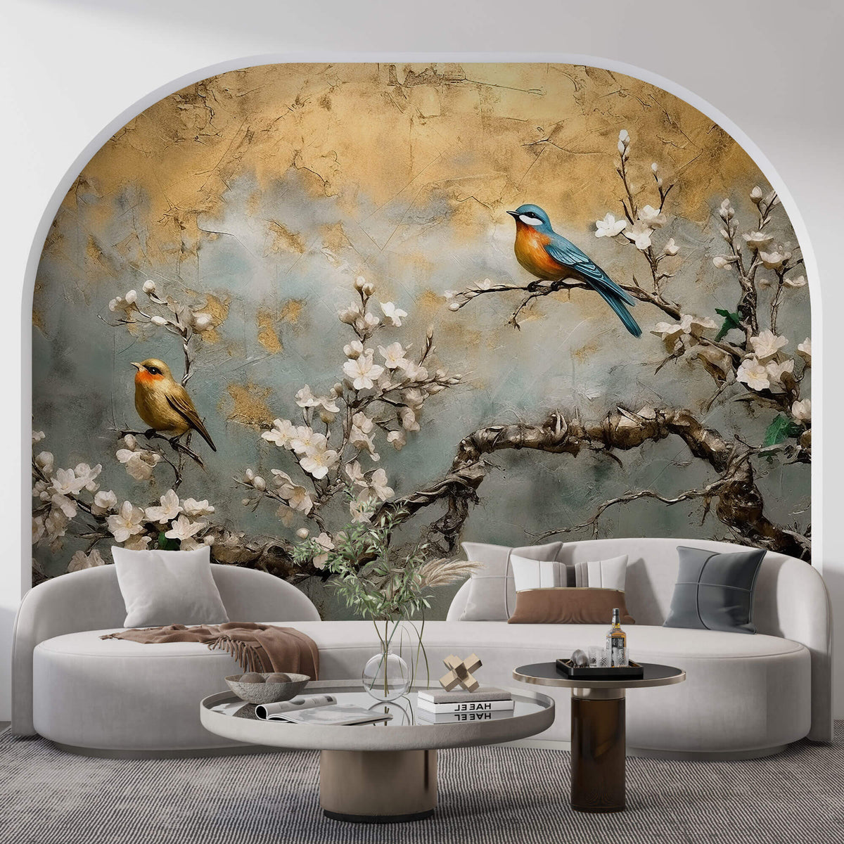 Tapet Zen Oriental cu cires alb inflorit si pasari - PLASTER GOLD CHINOISERIE