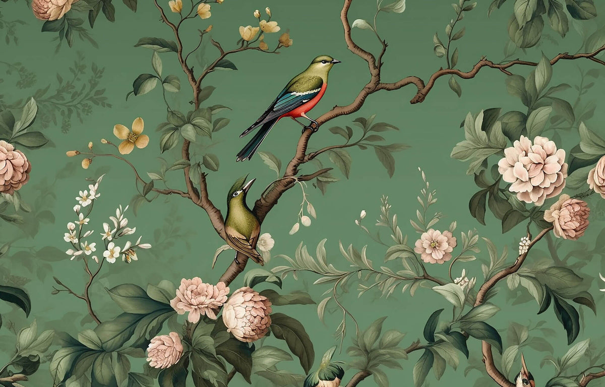 Tapet Zen Oriental cu copac inflorit si pasari pe un fundal verde - VINTAGE AVIAN BLOOMS