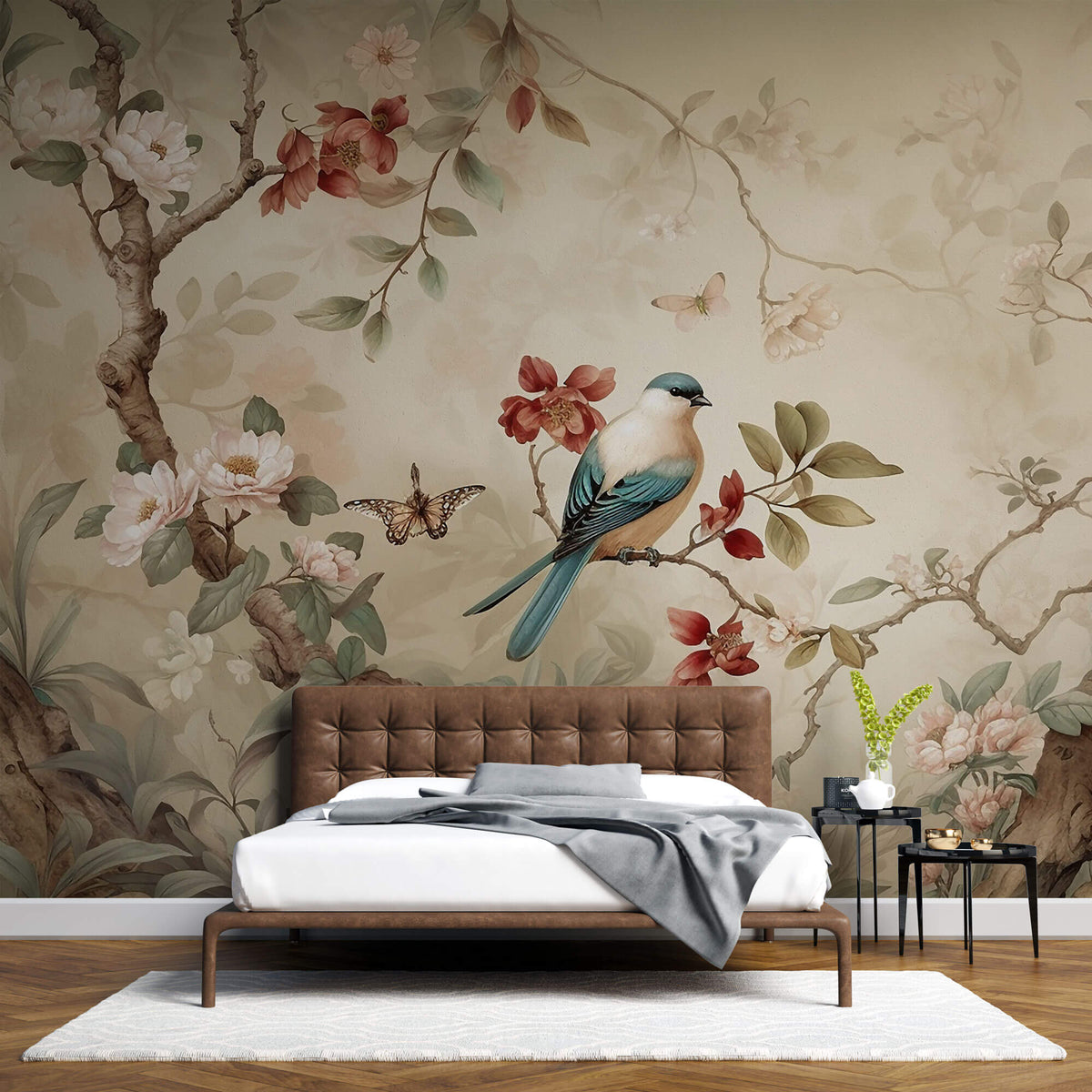Tapet Zen Oriental cu copac inflorit si pasari intr-un fundal vintage - FEATHERED HARMONY