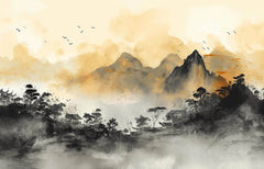 Tapet Zen Oriental cu peisaj montan aflat la apus - SERENE AFTERNOON