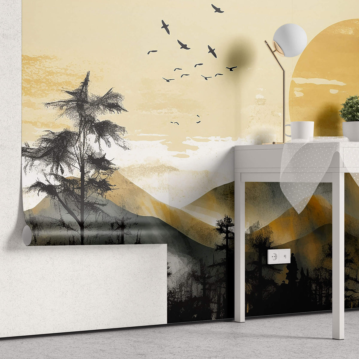 Tapet Zen Oriental cu peisaj montan aflat la apus si pasari pe cer - QUIET SUNSET
