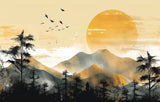 Tapet Zen Oriental cu peisaj montan aflat la apus si pasari pe cer - QUIET SUNSET