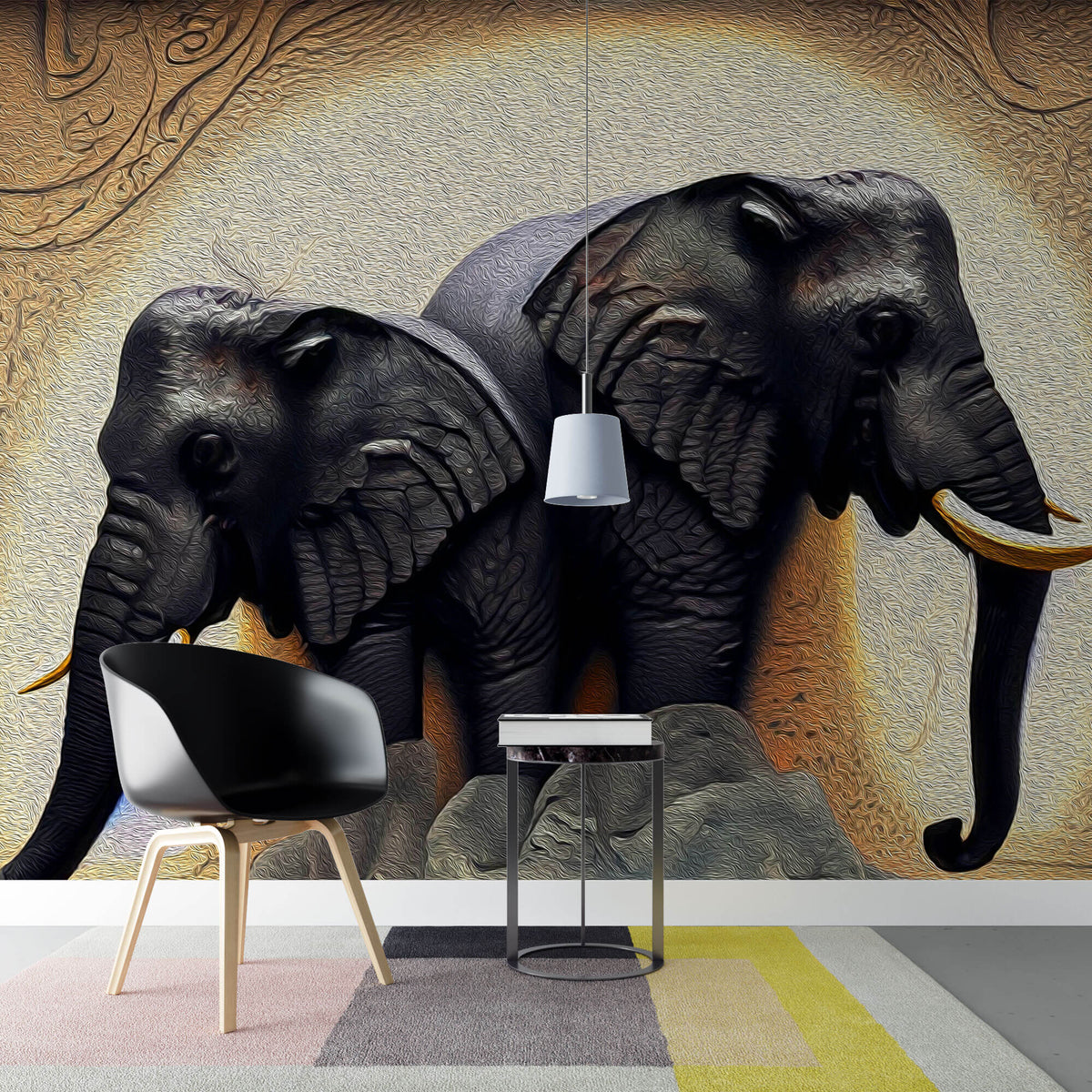 Tapet Zen Oriental cu elefanti ilustrati in textura abstracta - OIL PAINTED ELEPHANTS