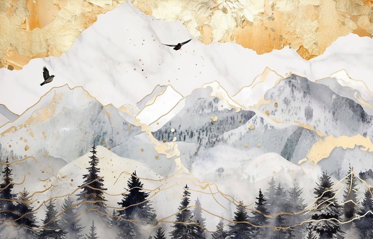 Tapet Zen Oriental cu munti cu insertii aurii - GOLDEN SKY MOUNTAINS