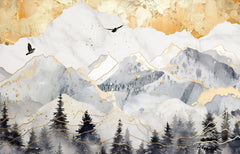 Tapet Zen Oriental cu munti cu insertii aurii - GOLDEN SKY MOUNTAINS