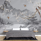 Tapet Zen Oriental cu munti si templu gri si ciresi albi infloriti cu pasari - CHINOISERIE AESTHETIC