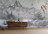 Tapet Zen Oriental cu munti si templu gri si ciresi albi infloriti cu pasari - CHINOISERIE AESTHETIC