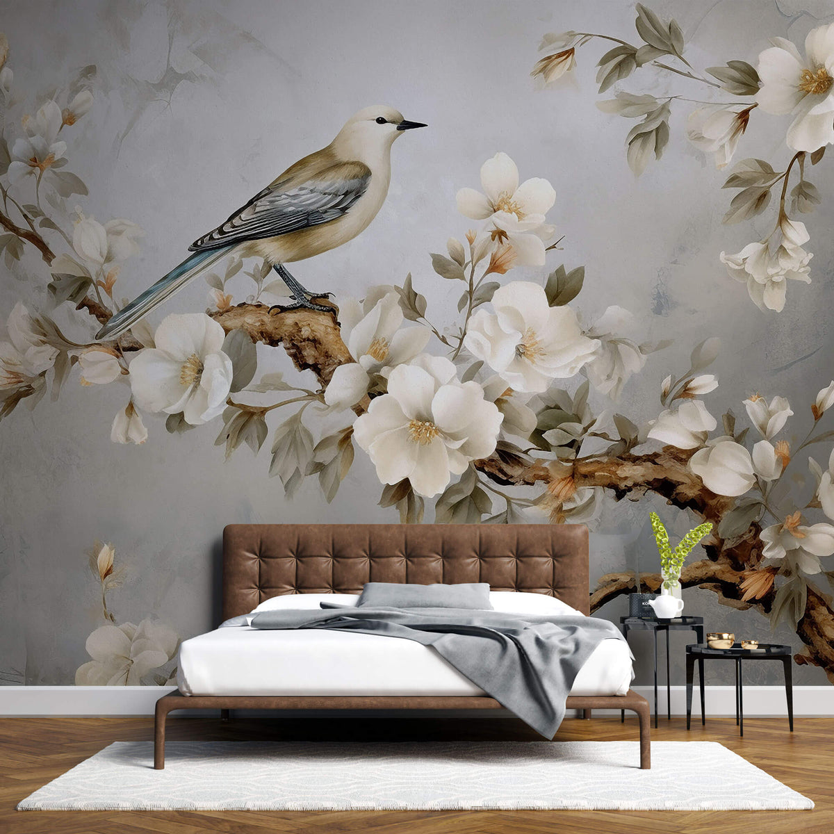 Tapet Zen Oriental cu magnolie alba inflorita si pasari - YULAN MAGNOLIA