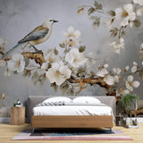 Tapet Zen Oriental cu magnolie alba inflorita si pasari - YULAN MAGNOLIA