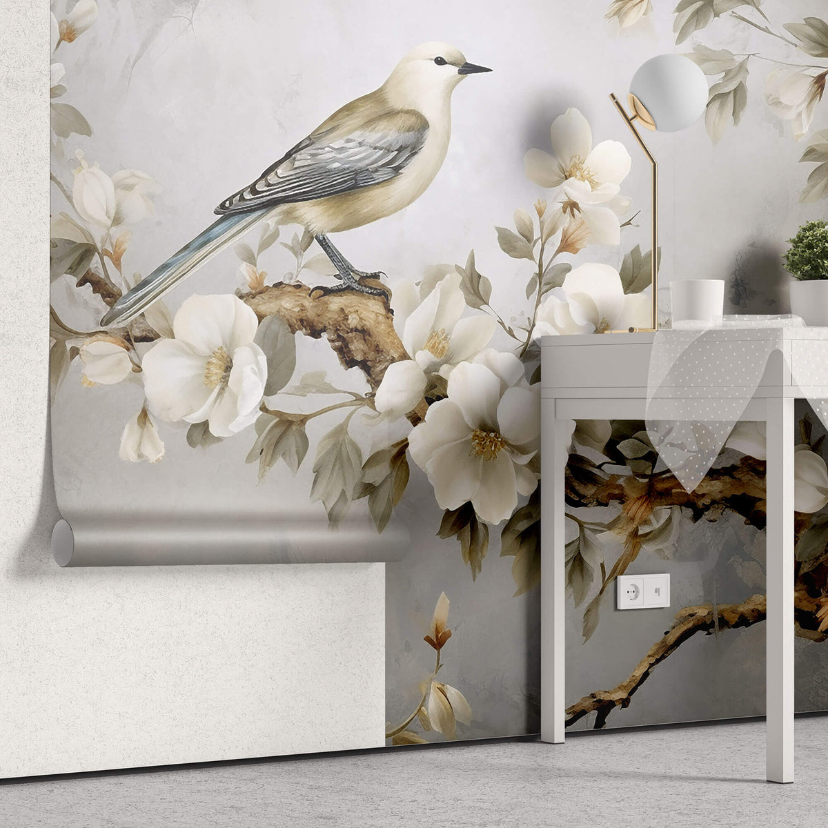 Tapet Zen Oriental cu magnolie alba inflorita si pasari - YULAN MAGNOLIA