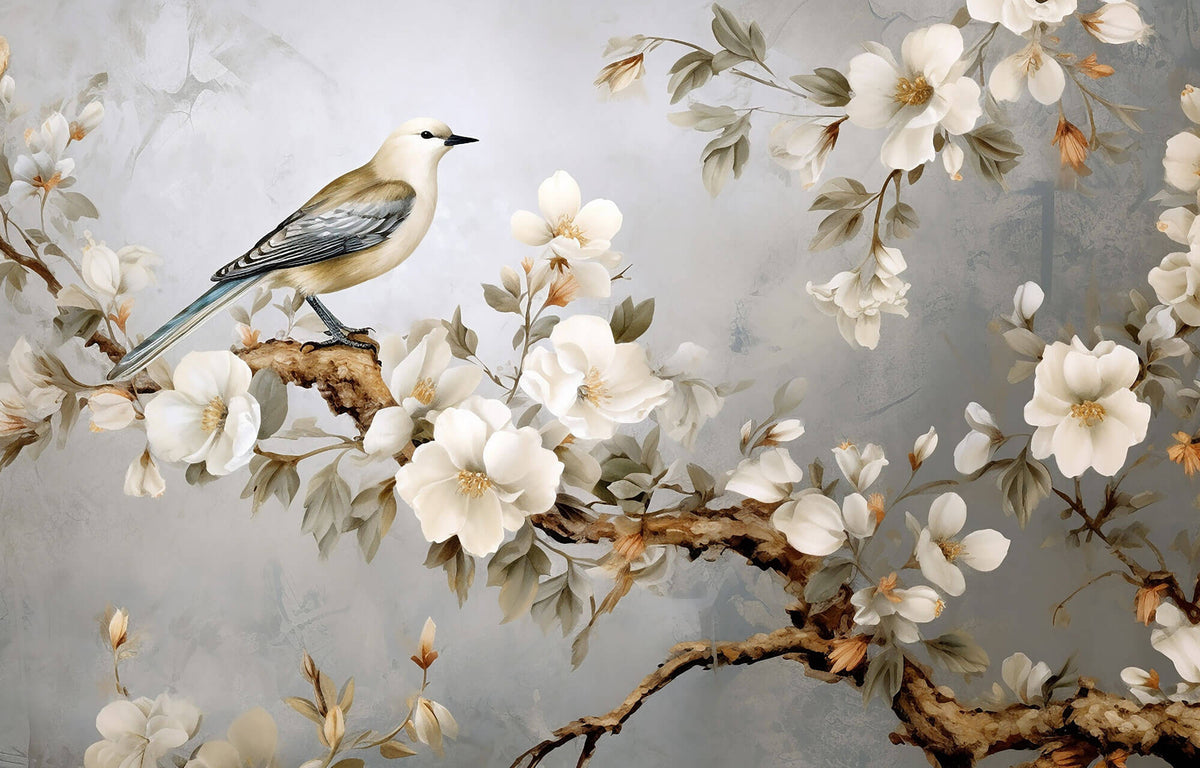 Tapet Zen Oriental cu magnolie alba inflorita si pasari - YULAN MAGNOLIA