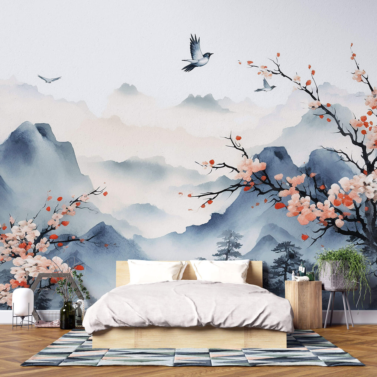 Tapet Zen Oriental cu priveliste montana si prun asiatic inflorit - SAKURA PLUM BLOSSOM