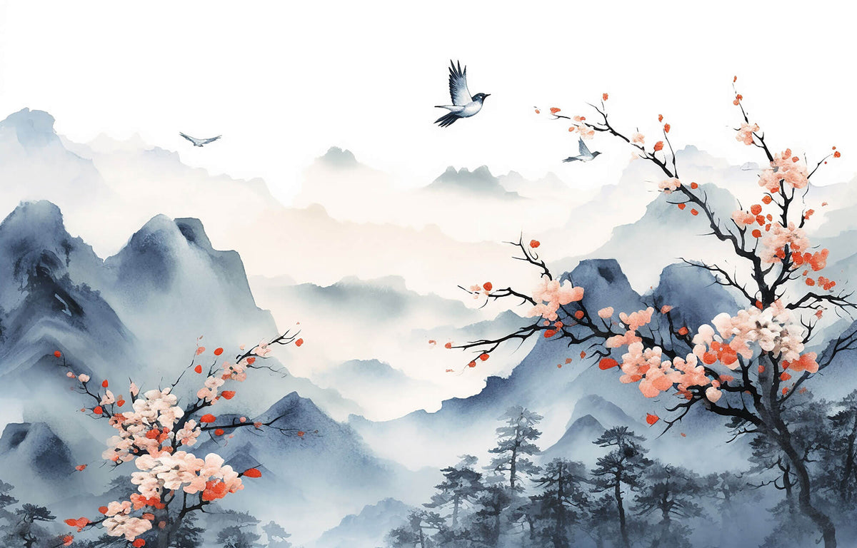 Tapet Zen Oriental cu priveliste montana si prun asiatic inflorit - SAKURA PLUM BLOSSOM