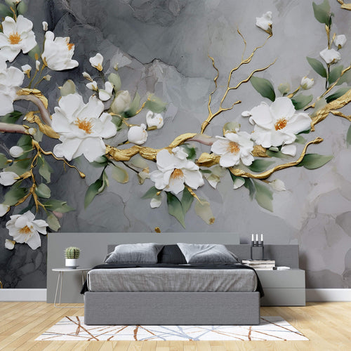 Tapet Zen Oriental cu magnolie alba pictata acrilic pe fundal gri - 3D ACRYLIC MAGNOLIA
