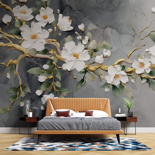 Tapet Zen Oriental cu magnolie alba pictata acrilic pe fundal gri - 3D ACRYLIC MAGNOLIA