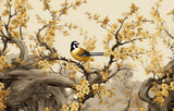 Tapet Zen Oriental cu copaci cu flori galbene mici si pasari - GOLDEN BLOOM