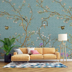 Tapet Zen Oriental cu gradina in stil chinoiserie cu fundal albastru abstract - PURPLE BLOSSOM CHINOISERIE
