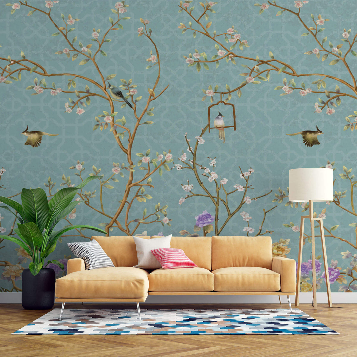 Tapet Zen Oriental cu gradina in stil chinoiserie cu fundal albastru abstract - PURPLE BLOSSOM CHINOISERIE