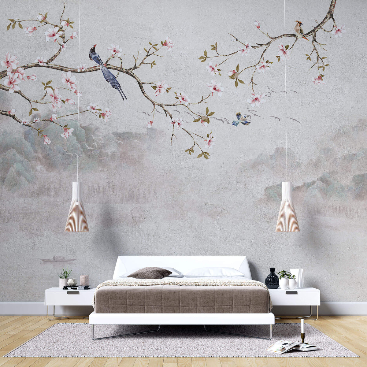 Tapet Zen Oriental cu magnolie roz inflorita si pasari - CHINOISERIE DECO WALL