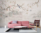 Tapet Zen Oriental cu magnolie roz inflorita si pasari - CHINOISERIE DECO WALL