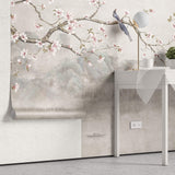 Tapet Zen Oriental cu magnolie roz inflorita si pasari - CHINOISERIE DECO WALL