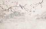 Tapet Zen Oriental cu magnolie roz inflorita si pasari - CHINOISERIE DECO WALL