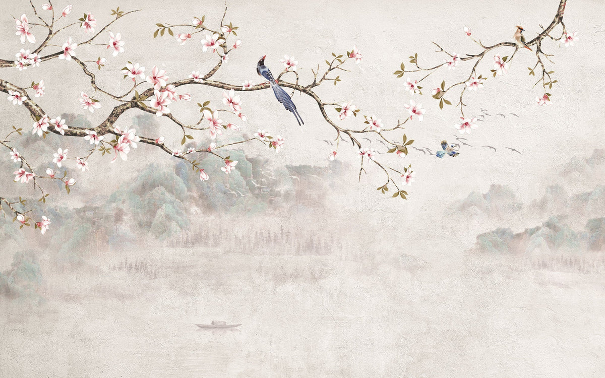 Tapet Zen Oriental cu magnolie roz inflorita si pasari - CHINOISERIE DECO WALL