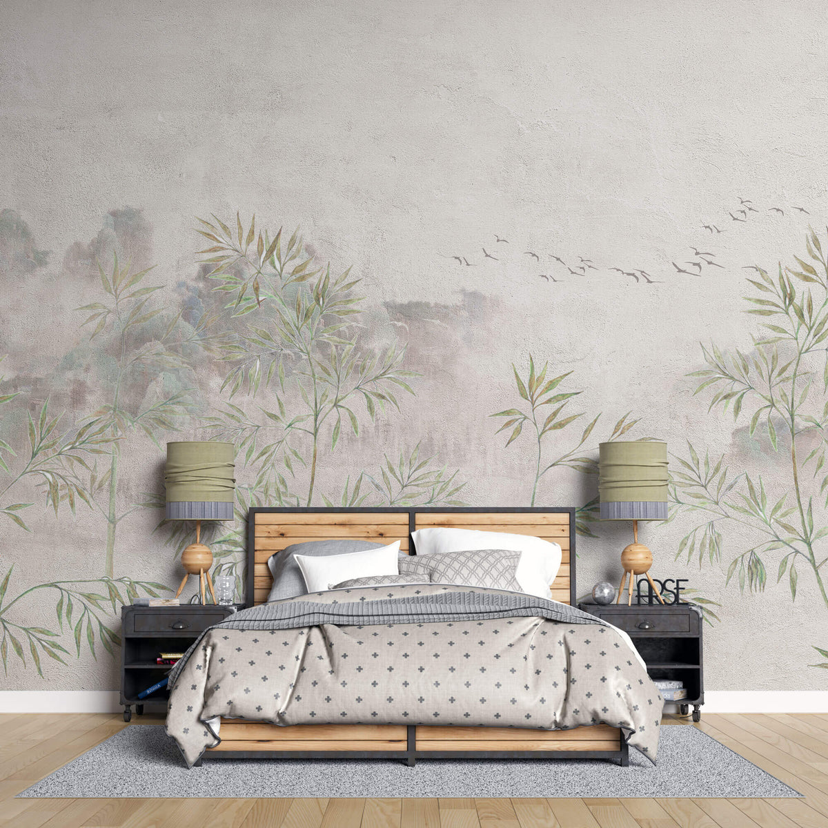 Tapet Zen Oriental cu bambus verde pe fundal texturat crem - ZEN PLASTER WALL