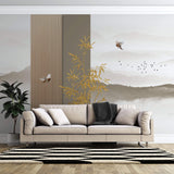 Tapet Zen Oriental cu ilustratie abstracta cu insertii aurii si peisaj montan - ORIENTAL WOOD PANEL