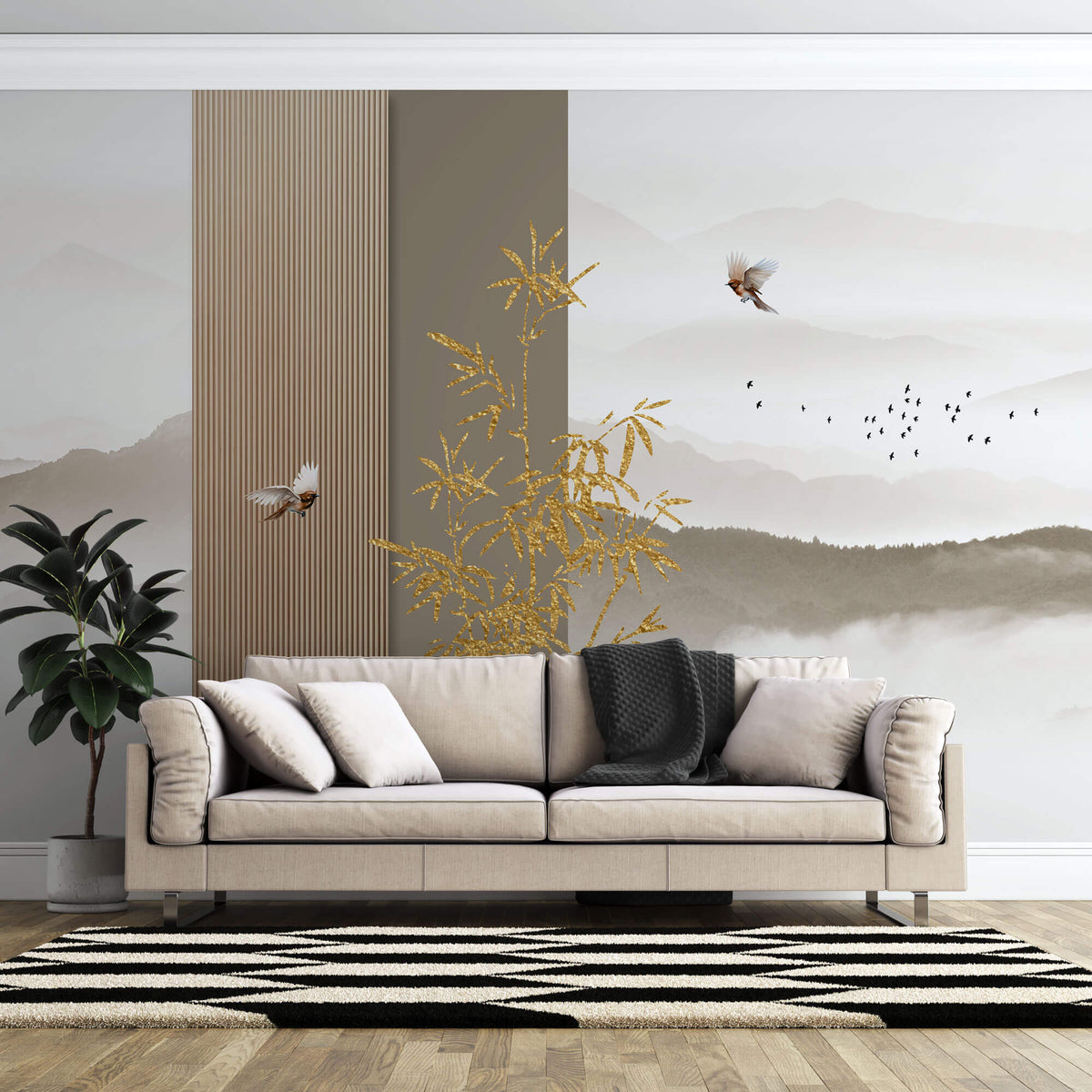 Tapet Zen Oriental cu ilustratie abstracta cu insertii aurii si peisaj montan - ORIENTAL WOOD PANEL