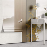 Tapet Zen Oriental cu ilustratie abstracta cu insertii aurii si peisaj montan - ORIENTAL WOOD PANEL